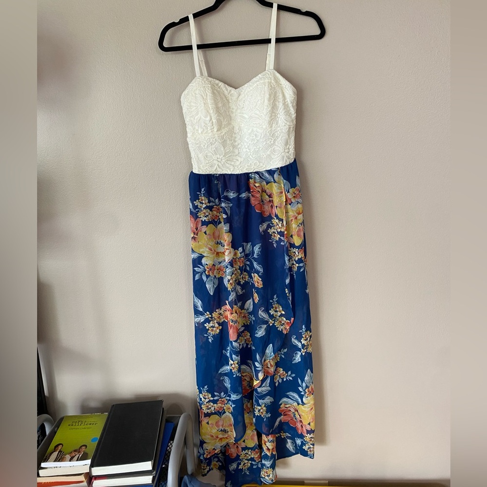 Long floral dress with white lace corset-style top